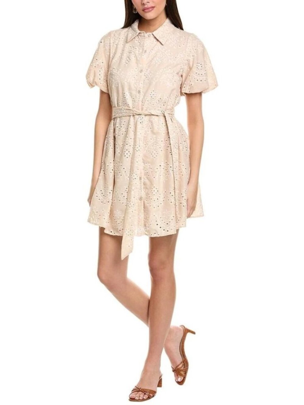 Sam Edelman Cream Eyelet Puffed Sleeve Belted Mini Dress Sz 6